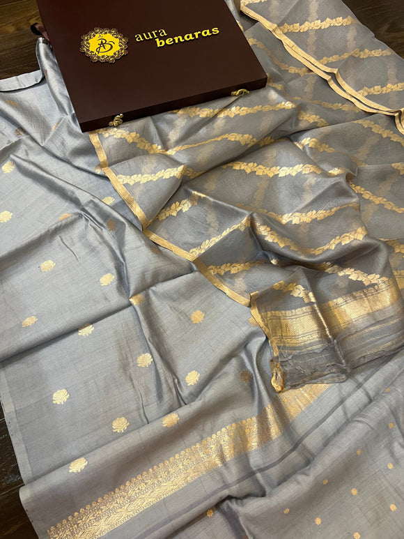 Grey Pure Banarasi Chiniya SIlk Suit - Aura Benaras