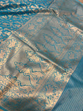 Firozi Blue Banarasi Handloom Pure Katan Silk Saree - Aura Benaras