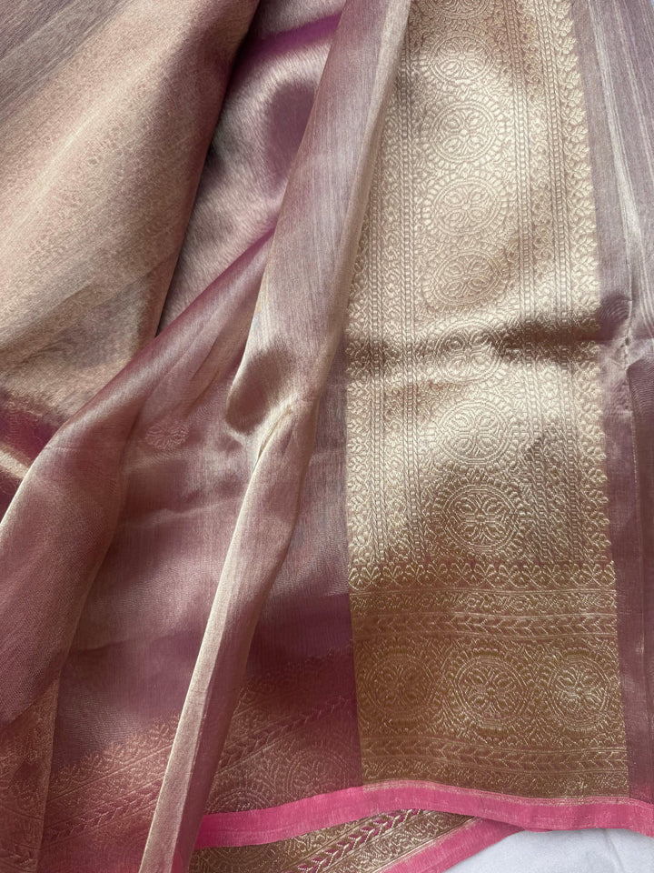 Rose Pink Banarasi Handloom Tissue Silk Saree - Aura Benaras