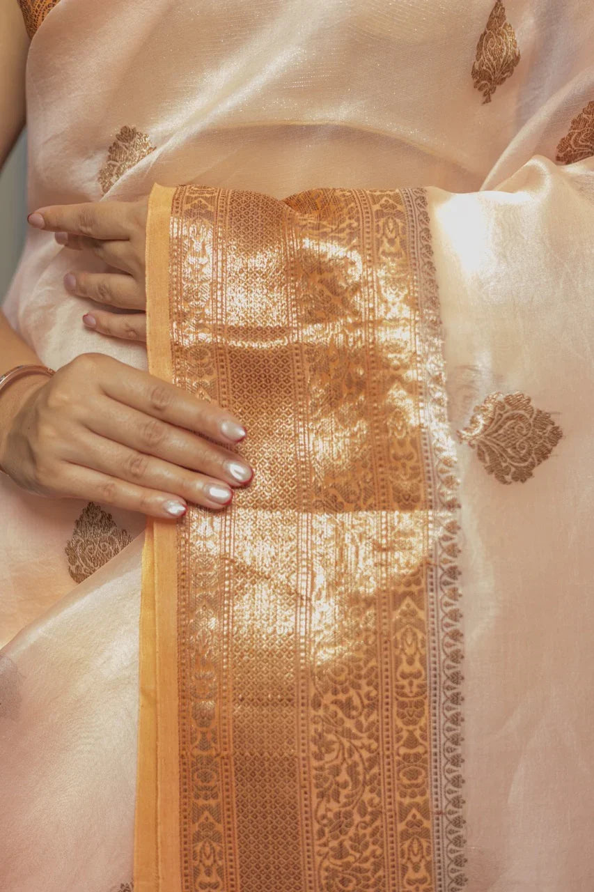 Pastel Peach Kora Silk Banarasi Saree with Kadhwa Motifs