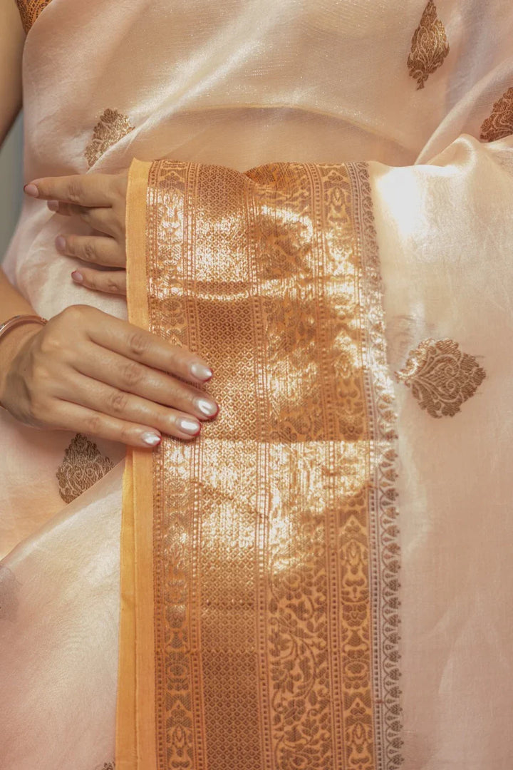 Pastel Peach Kora Silk Banarasi Saree with Kadhwa Motifs