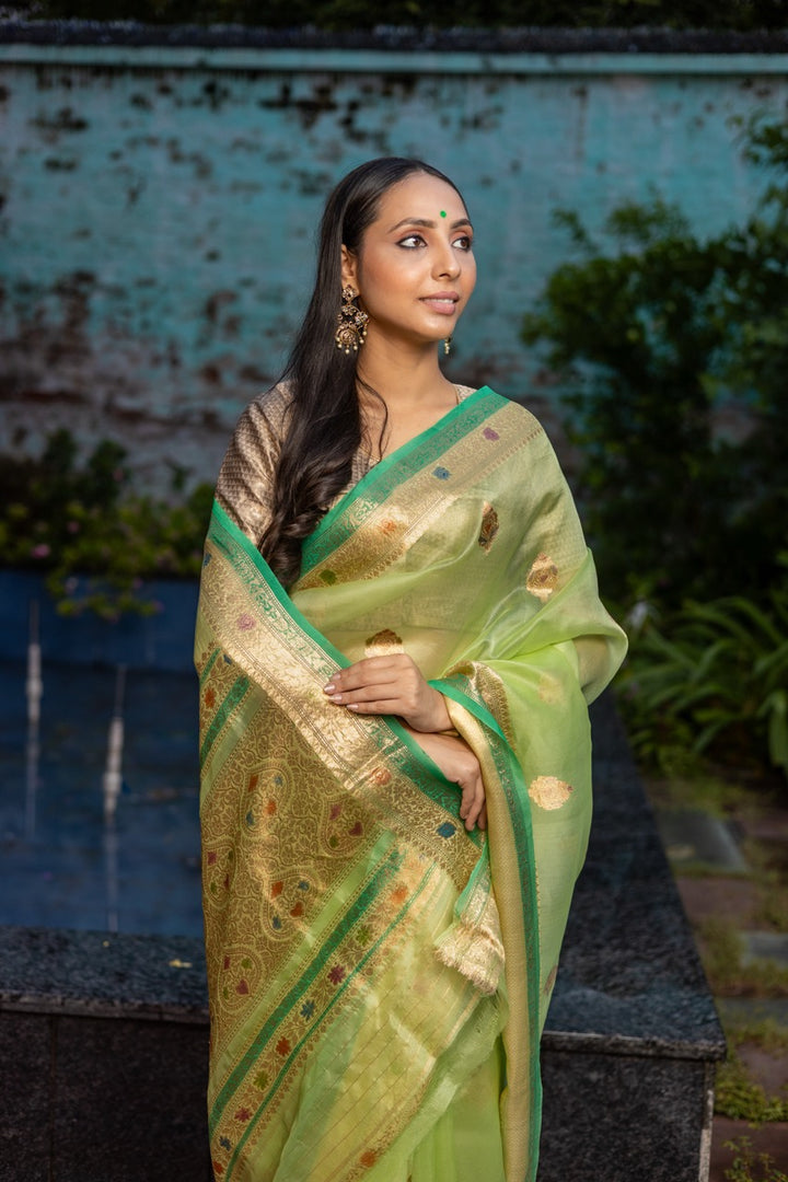 Pre Order :: Pista Green Pure Kora Silk Handloom Banarasi Saree