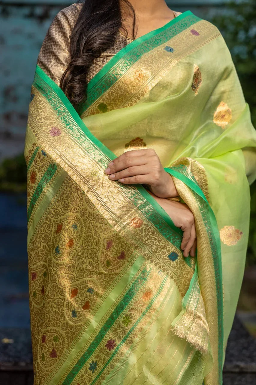 Pista Green Pure Kora Silk Handloom Banarasi Saree