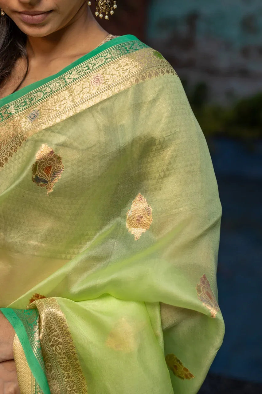 Pista Green Pure Kora Silk Handloom Banarasi Saree