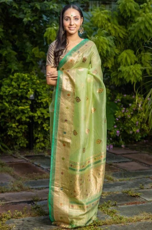 Pista Green Pure Kora Silk Handloom Banarasi Saree