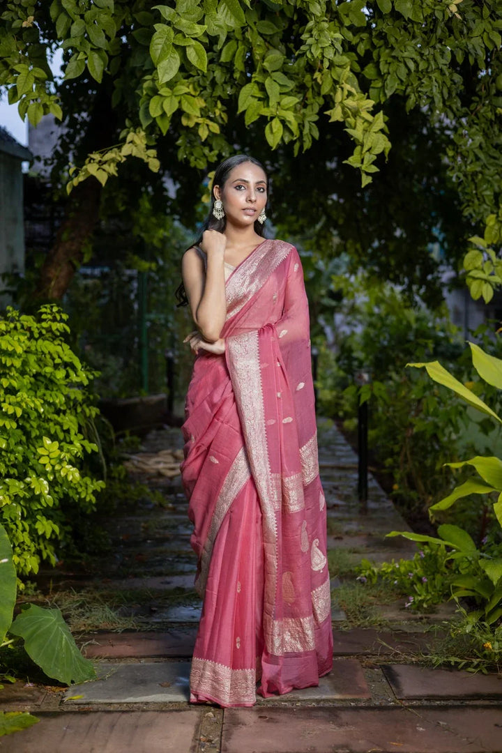 Onion Khaddi Chiffon Handloom Banarasi Saree