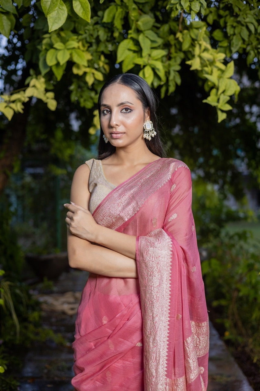 Onion Khaddi Chiffon Handloom Banarasi Saree
