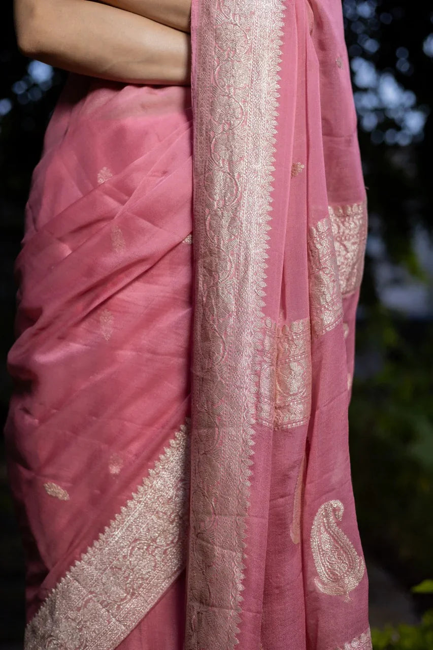 Onion Khaddi Chiffon Handloom Banarasi Saree
