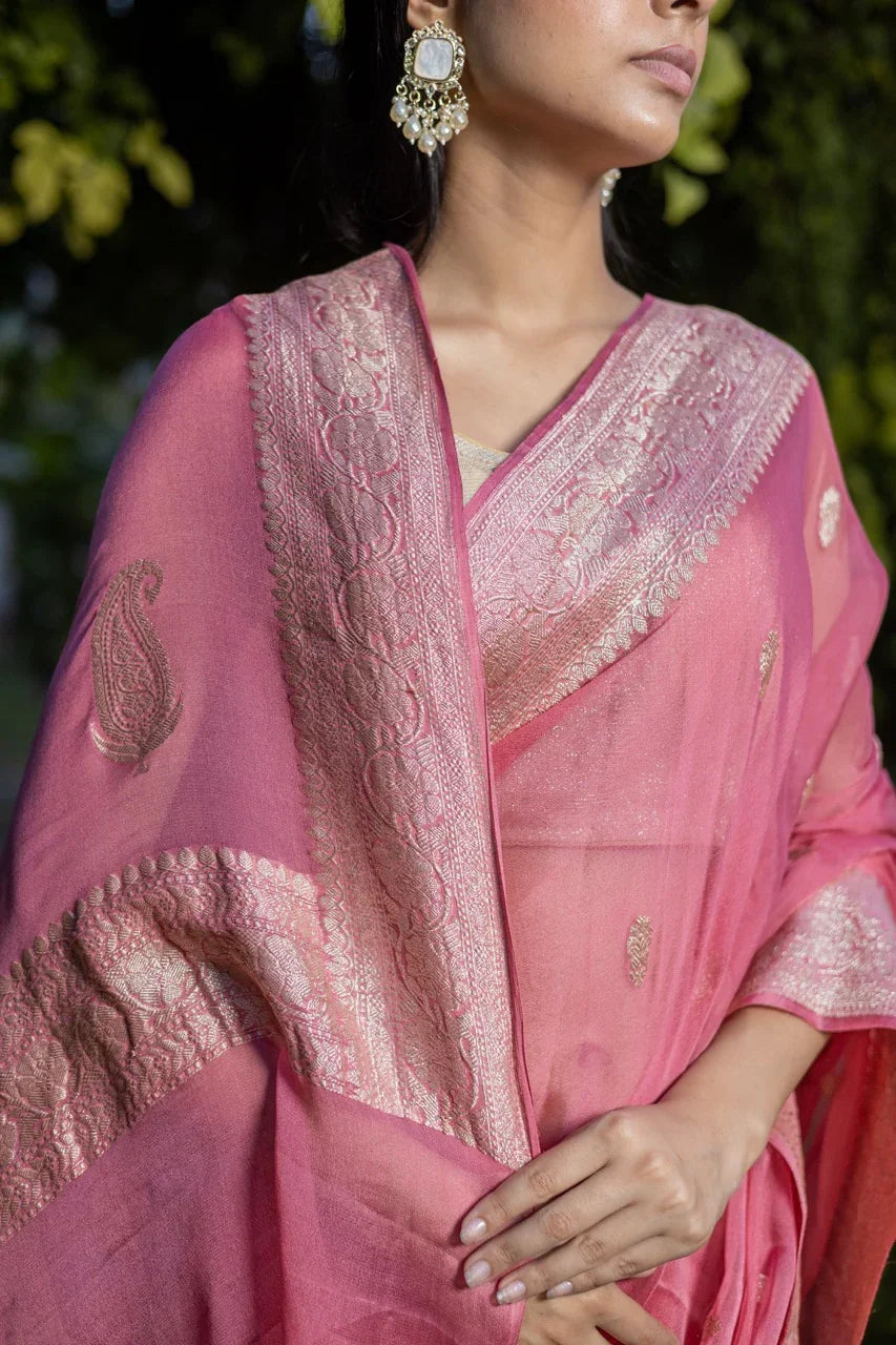 Onion Khaddi Chiffon Handloom Banarasi Saree