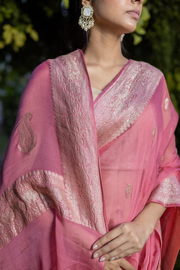 Onion Khaddi Chiffon Handloom Banarasi Saree
