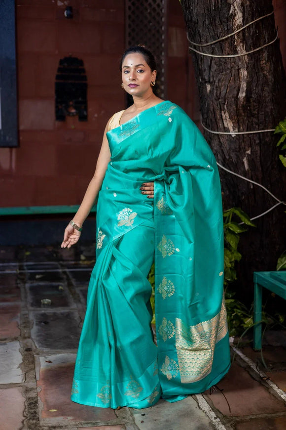 Rama Blue Pure Katan Organza Silk Handloom Banarasi Saree