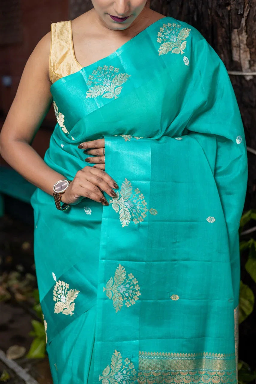 Rama Blue Pure Katan Organza Silk Handloom Banarasi Saree