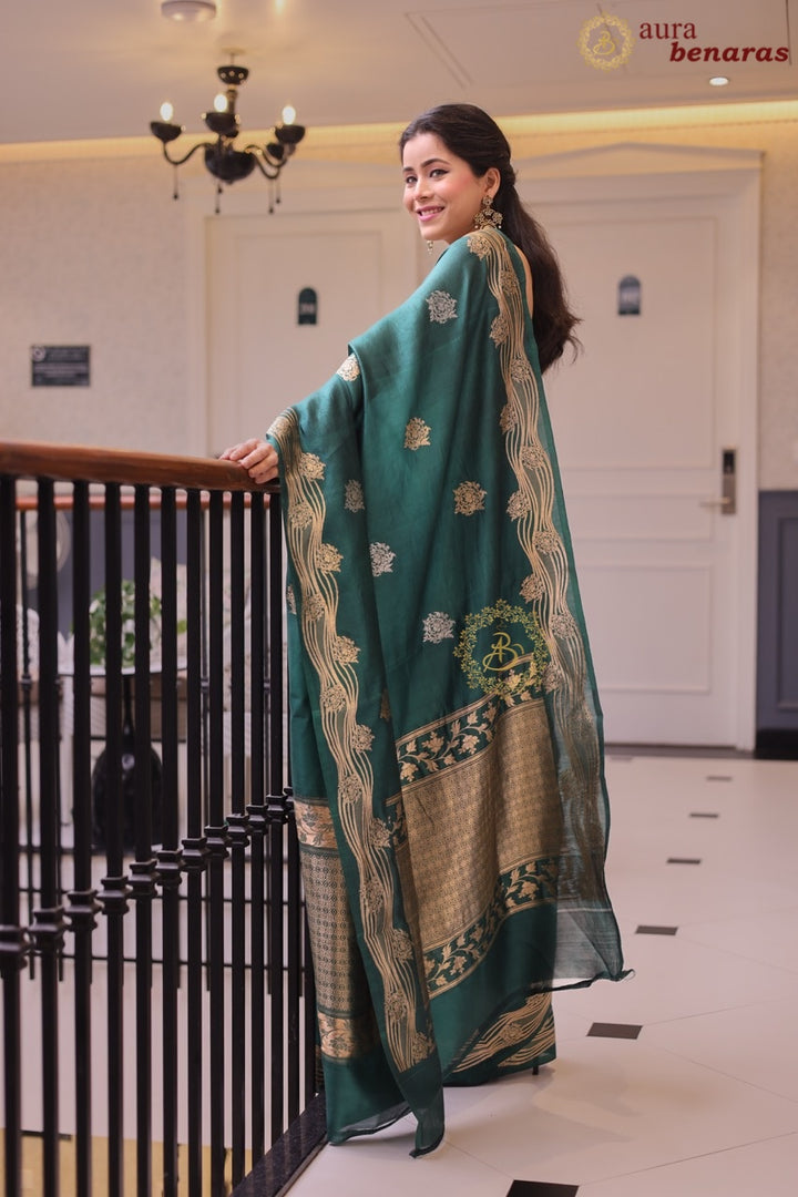 Bottle Green Banarasi Silk Saree | Kadhwa & Designer Border
