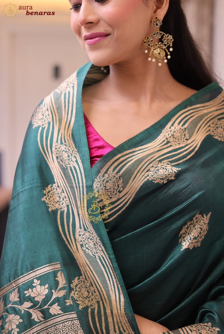 Bottle Green Banarasi Silk Saree | Kadhwa & Designer Border