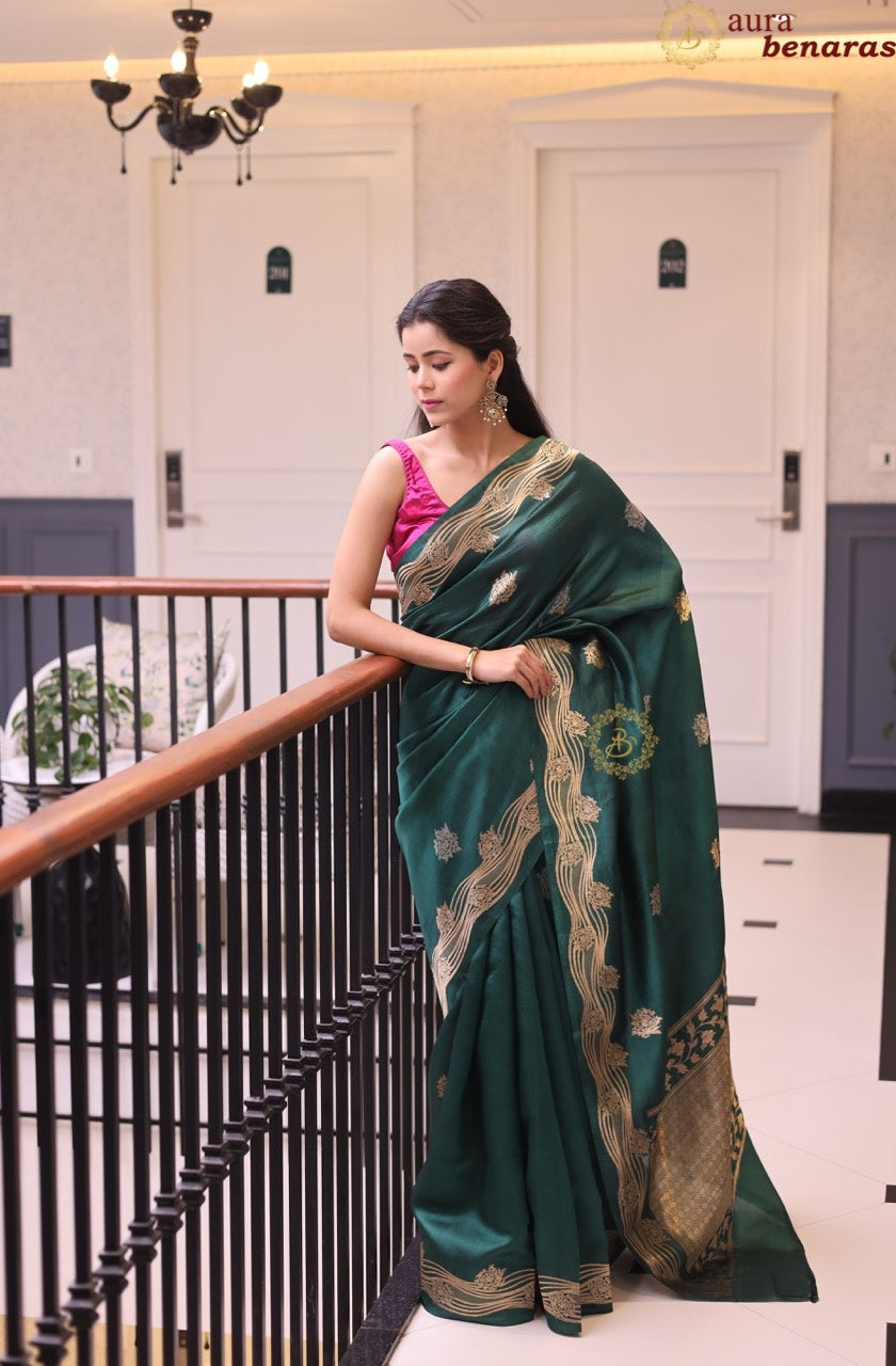 Bottle Green Banarasi Silk Saree | Kadhwa & Designer Border