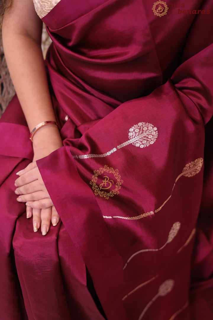 Hibiscus Shade Pure Silk Handloom Banarasi Plain Saree 