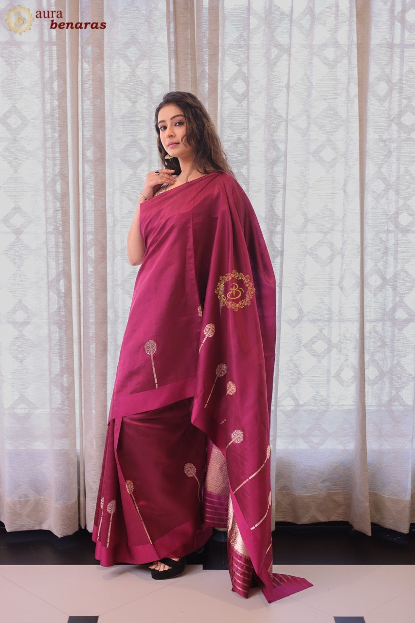 Hibiscus Shade Pure Silk Handloom Banarasi Plain Saree 