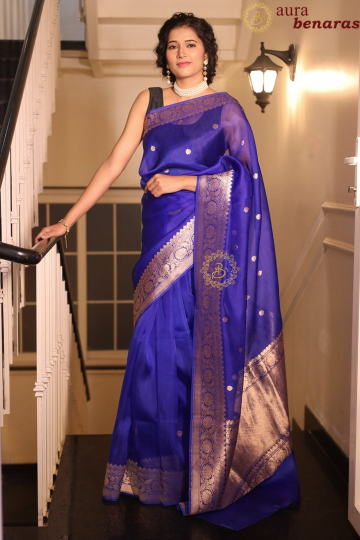 Royal Blue Kora Silk Banarasi Saree with Kadhwa Motifs