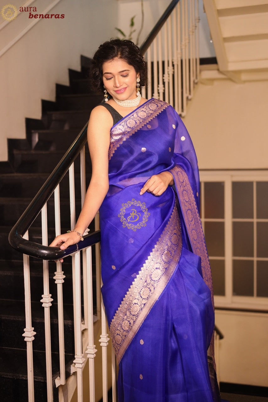 Royal Blue Kora Silk Banarasi Saree with Kadhwa Motifs