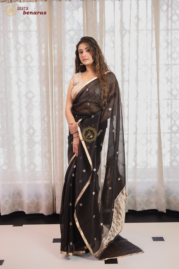 Black Pure Kora silk Handloom Banarasi Saree