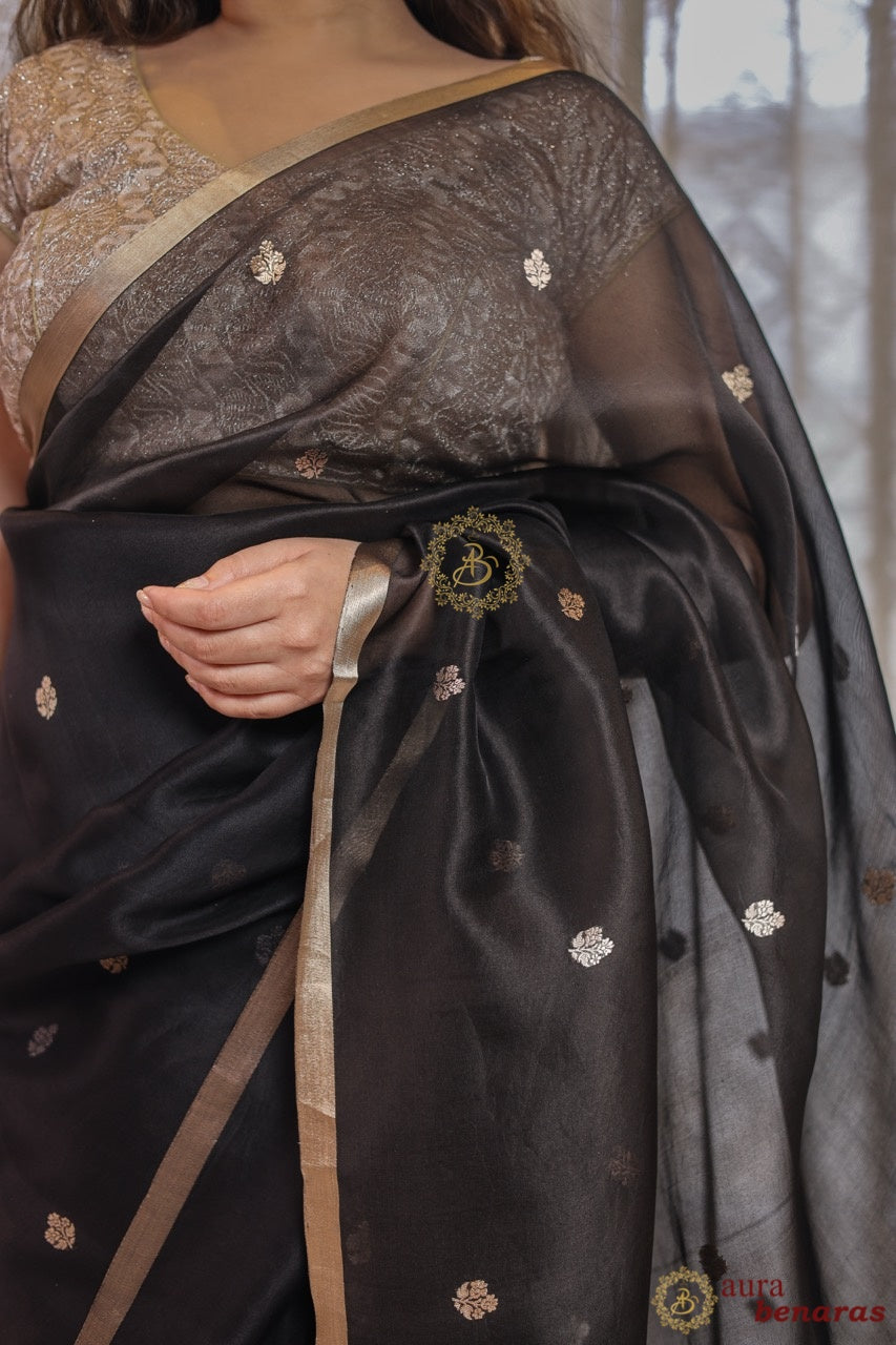 Black Pure Kora silk Handloom Banarasi Saree