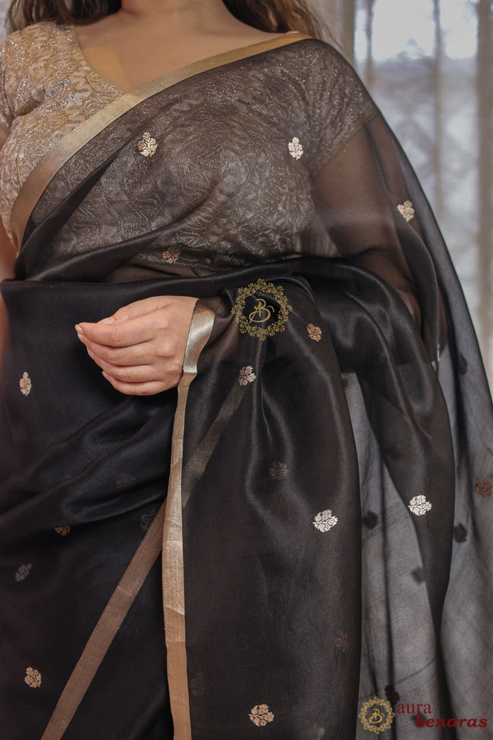 Black Pure Kora silk Handloom Banarasi Saree