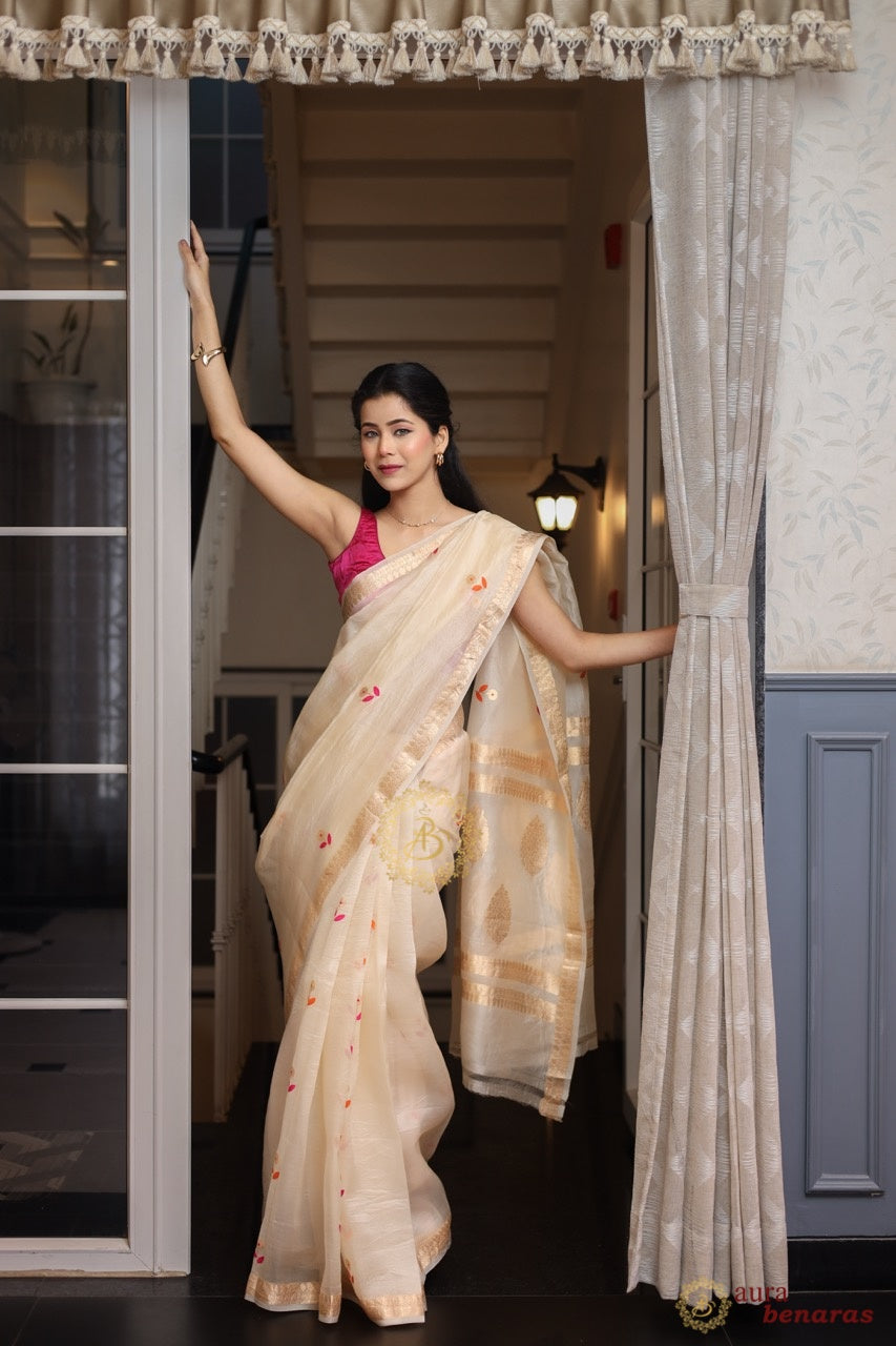 Cream Silk Banarasi Saree with Kadhwa Zari & Meenakari