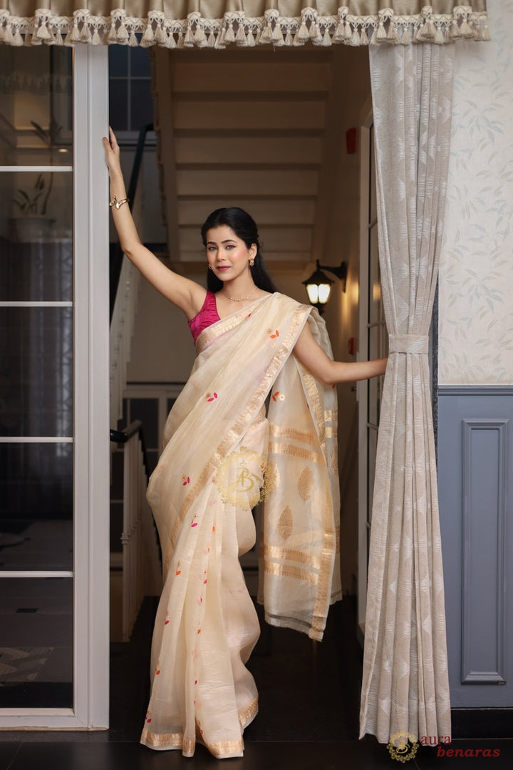 Cream Silk Banarasi Saree with Kadhwa Zari & Meenakari