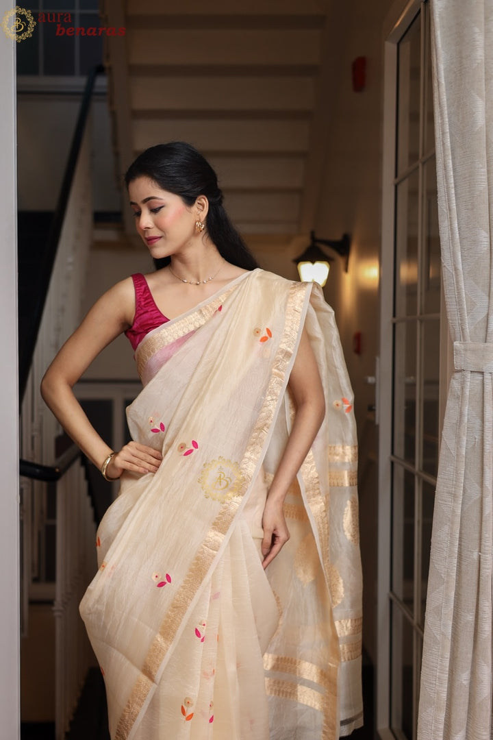 Cream Silk Banarasi Saree with Kadhwa Zari & Meenakari