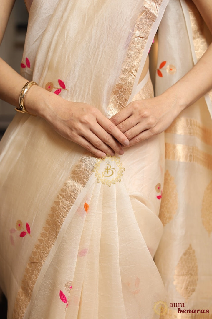 Cream Silk Banarasi Saree with Kadhwa Zari & Meenakari