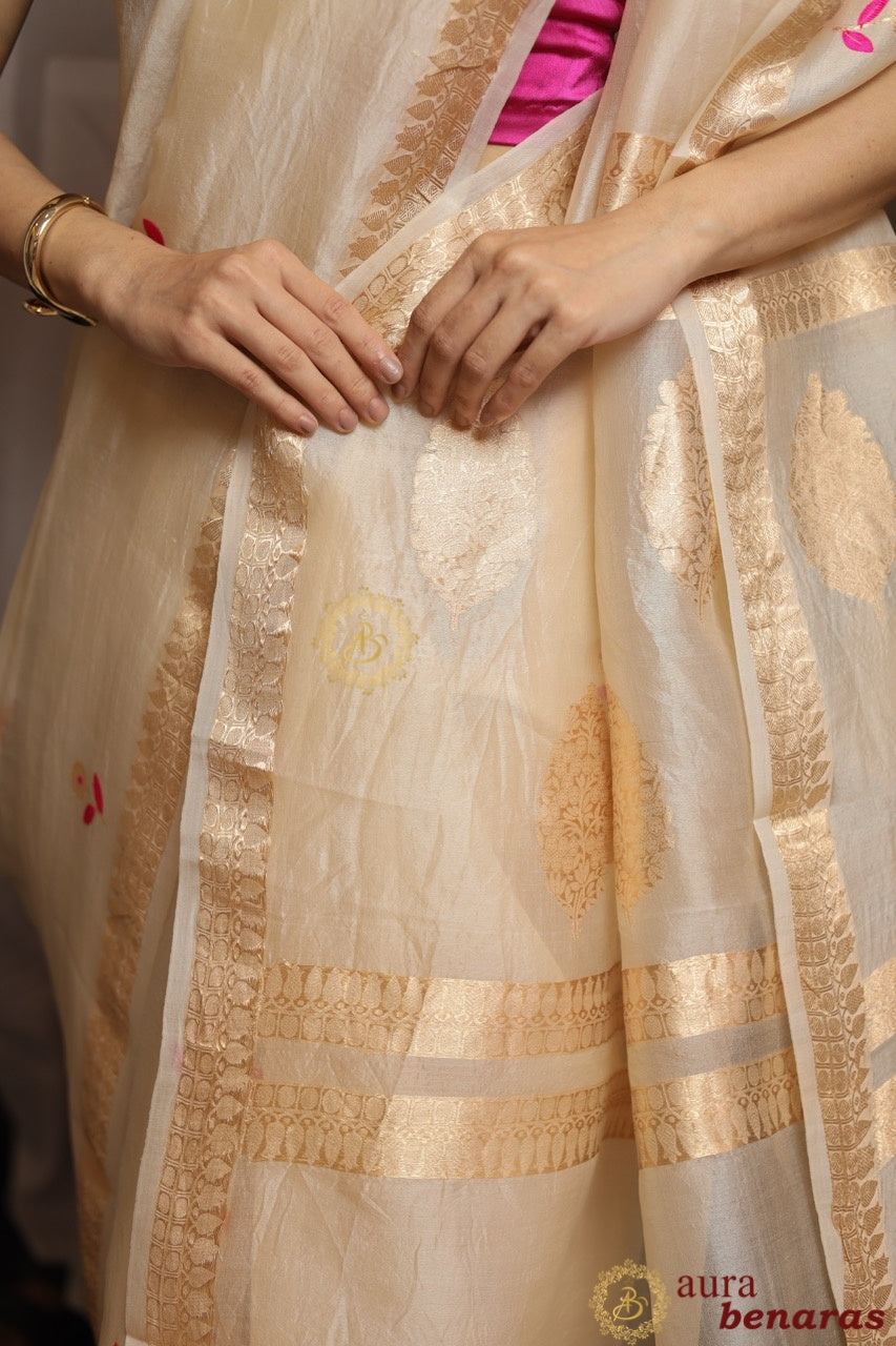 Cream Silk Banarasi Saree with Kadhwa Zari & Meenakari