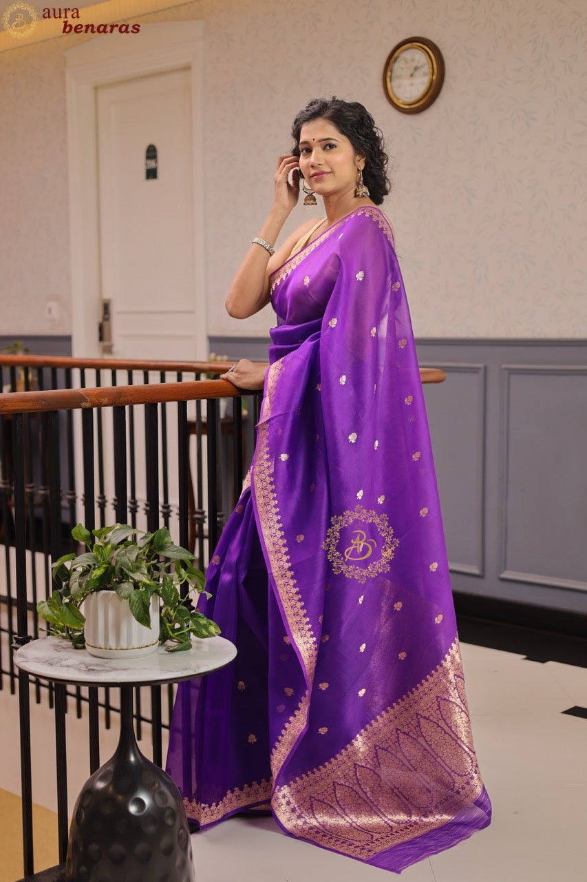 Purple Pure Kora Silk Banarasi Saree with Zari Butis & Border