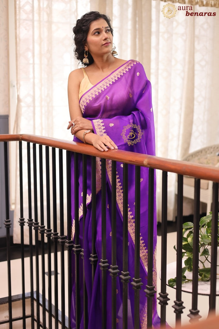 Purple Pure Kora Silk Banarasi Saree with Zari Butis & Border