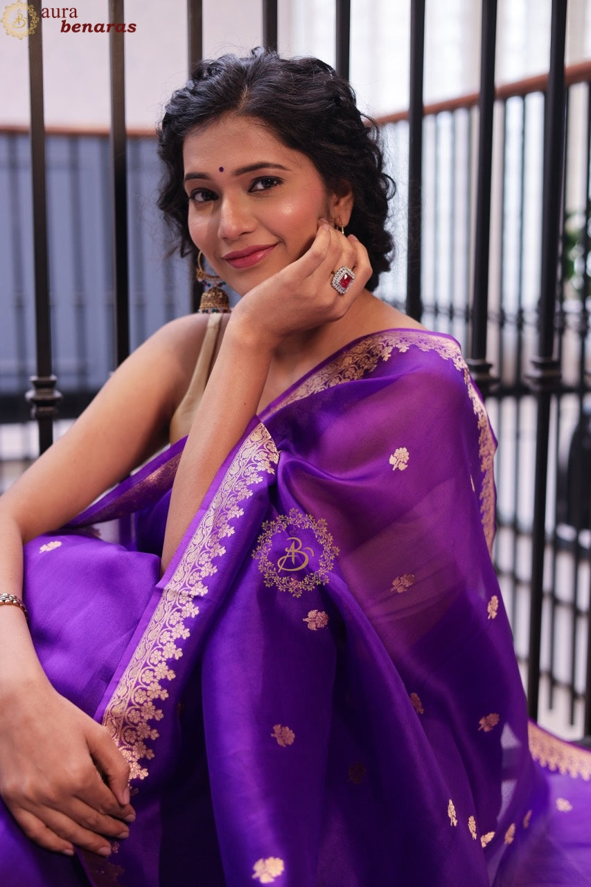 Purple Pure Kora Silk Banarasi Saree with Zari Butis & Border