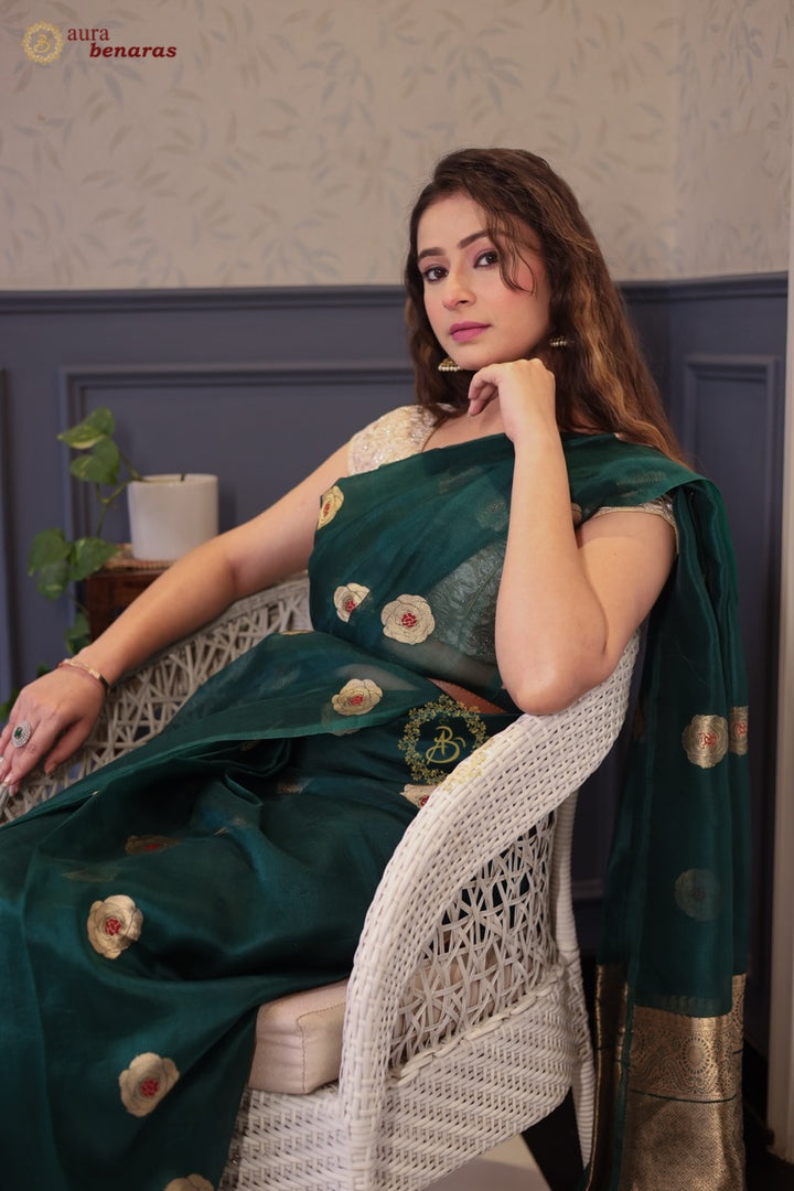 Bottle Green Pure Kora Silk Saree with Kadhwa Floral Butas & Meenakari
