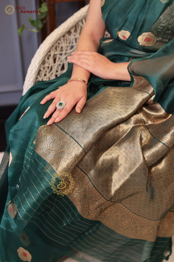 Bottle Green Pure Kora Silk Saree with Kadhwa Floral Butas & Meenakari