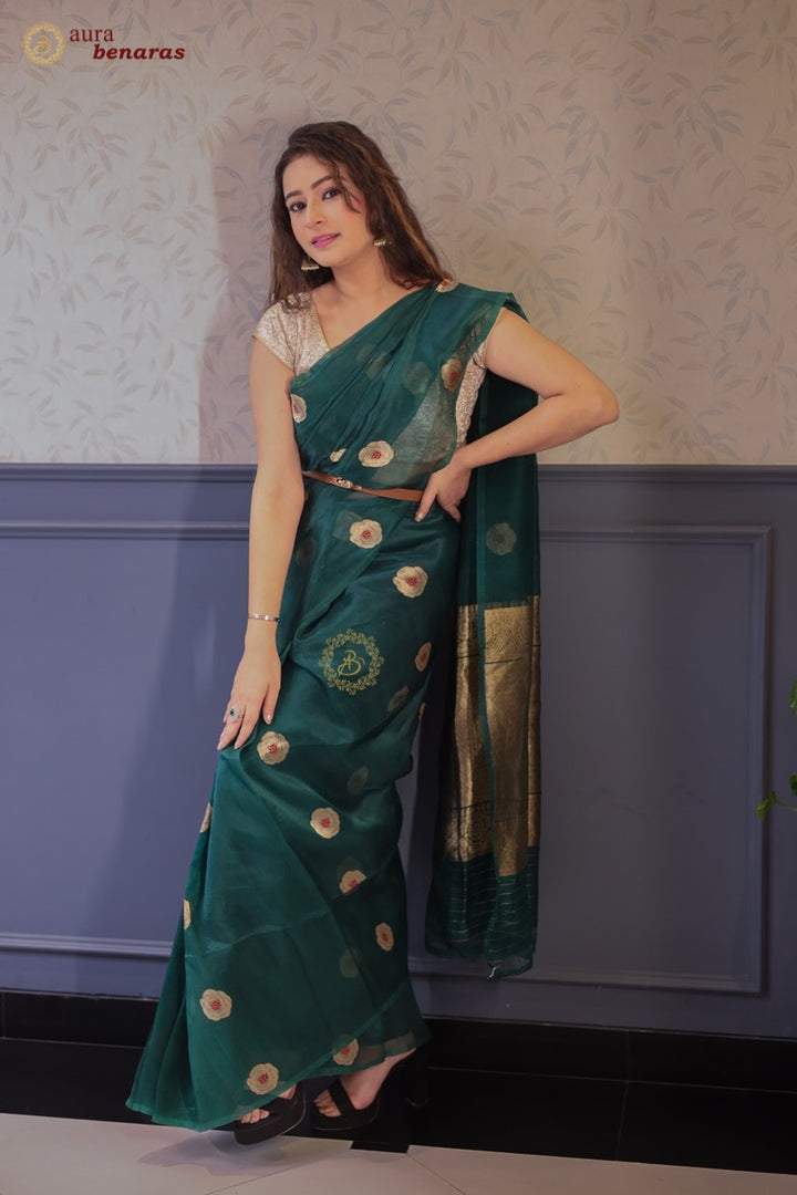 Bottle Green Pure Kora Silk Saree with Kadhwa Floral Butas & Meenakari