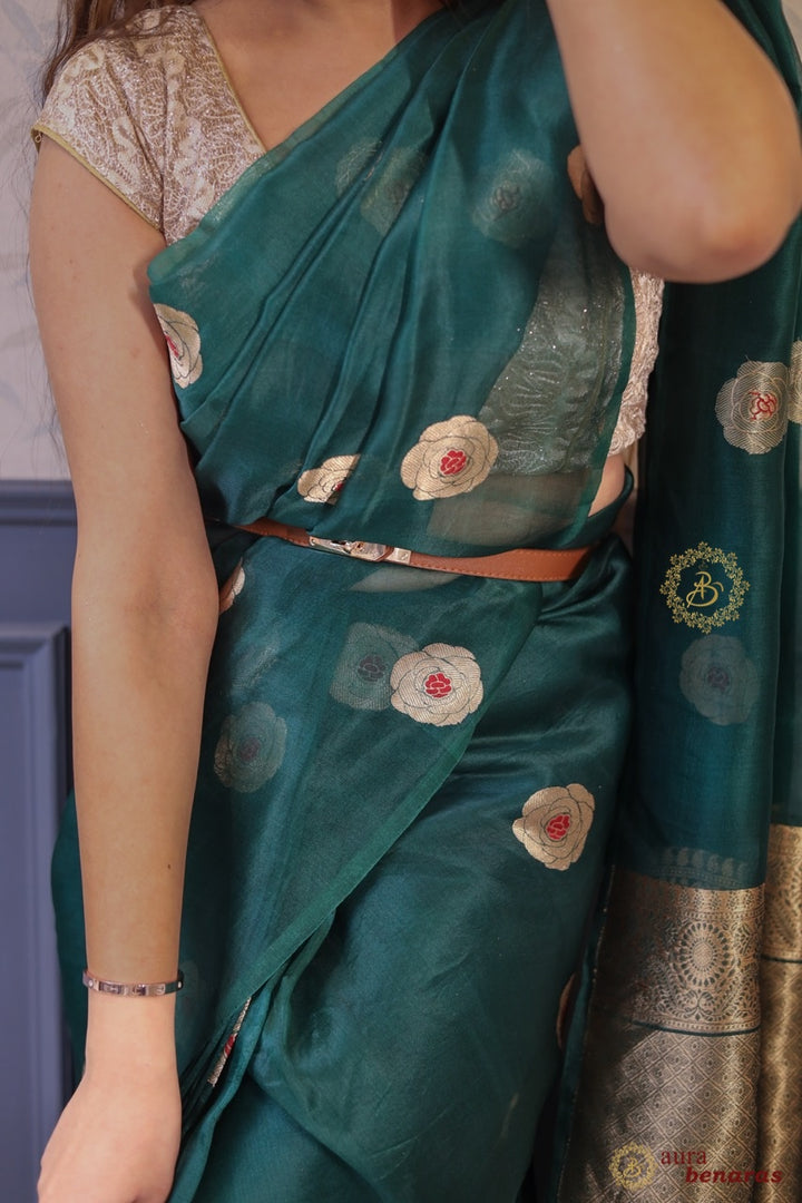 Bottle Green Pure Kora Silk Saree with Kadhwa Floral Butas & Meenakari