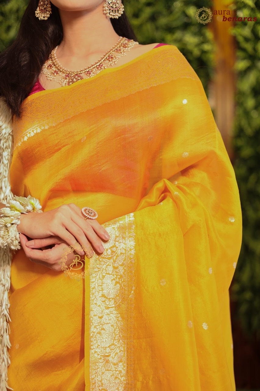 Mustard Yellow Pure Kora Silk Banarasi Saree with Konia