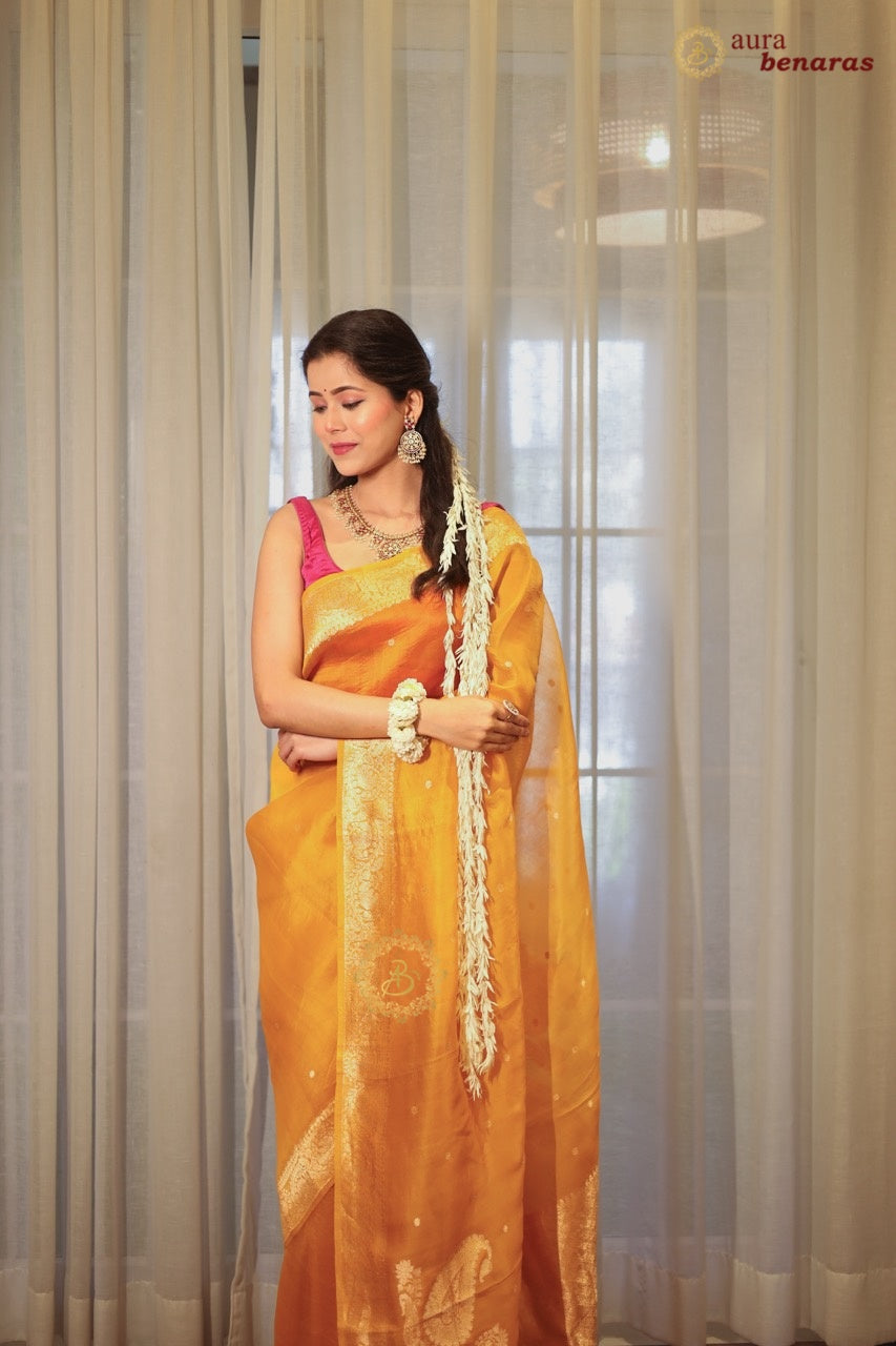 Mustard Yellow Pure Kora Silk Banarasi Saree with Konia
