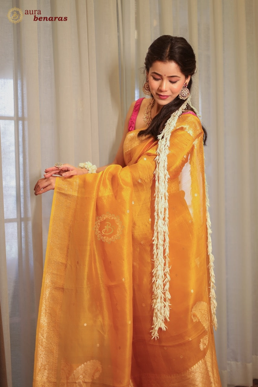 Mustard Yellow Pure Kora Silk Banarasi Saree with Konia
