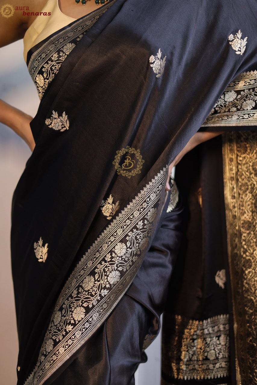Black Mashru Silk Saree with Kadhwa Meenakari Butas