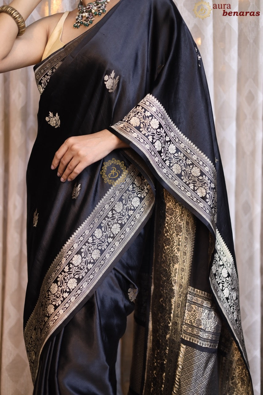 Black Mashru Silk Saree with Kadhwa Meenakari Butas