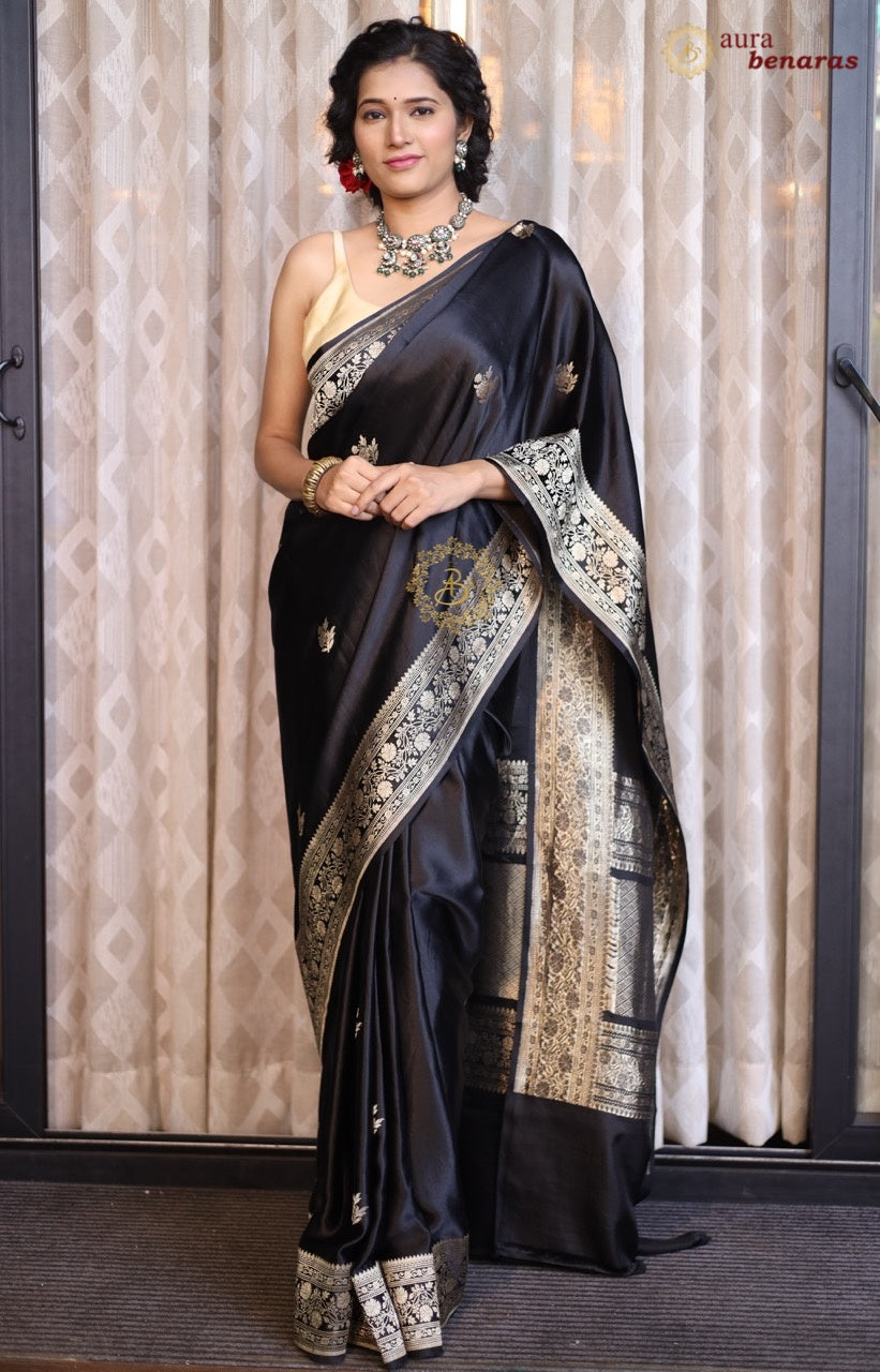 Black Mashru Silk Saree with Kadhwa Meenakari Butas