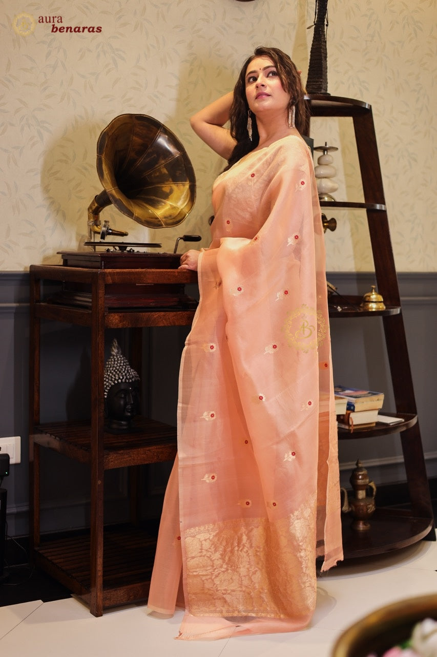 Blush Peach Kora Silk Banarasi Saree with Meenakari Butis