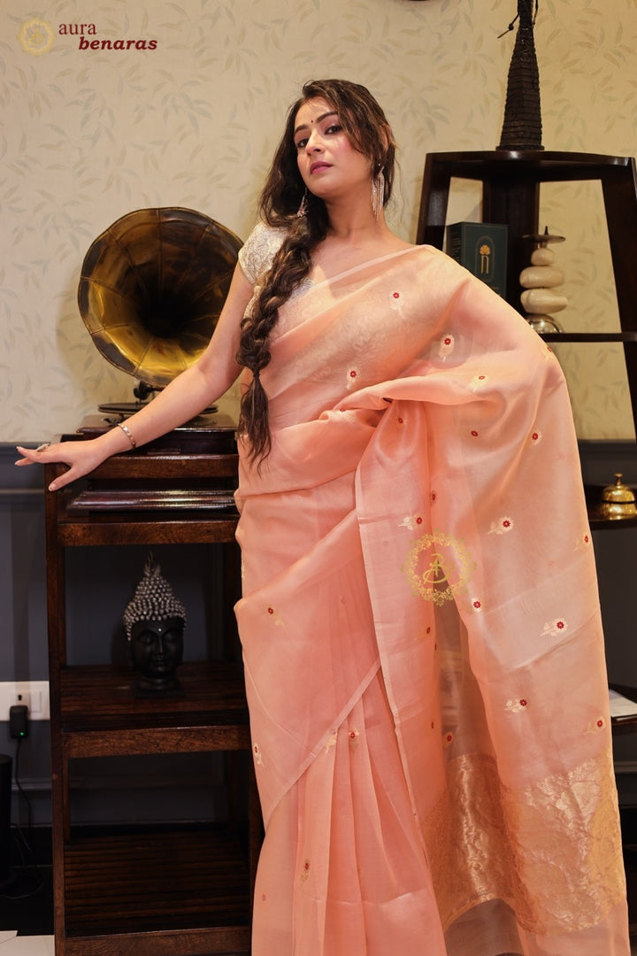 Blush Peach Kora Silk Banarasi Saree with Meenakari Butis