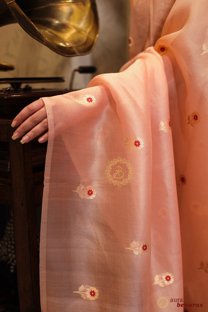 Blush Peach Kora Silk Banarasi Saree with Meenakari Butis