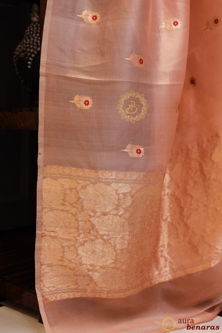 Blush Peach Kora Silk Banarasi Saree with Meenakari Butis