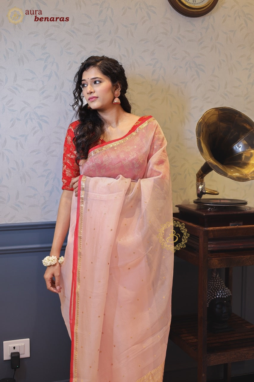 Pale Peach Kora Silk Banarasi Saree with Zari Butis 