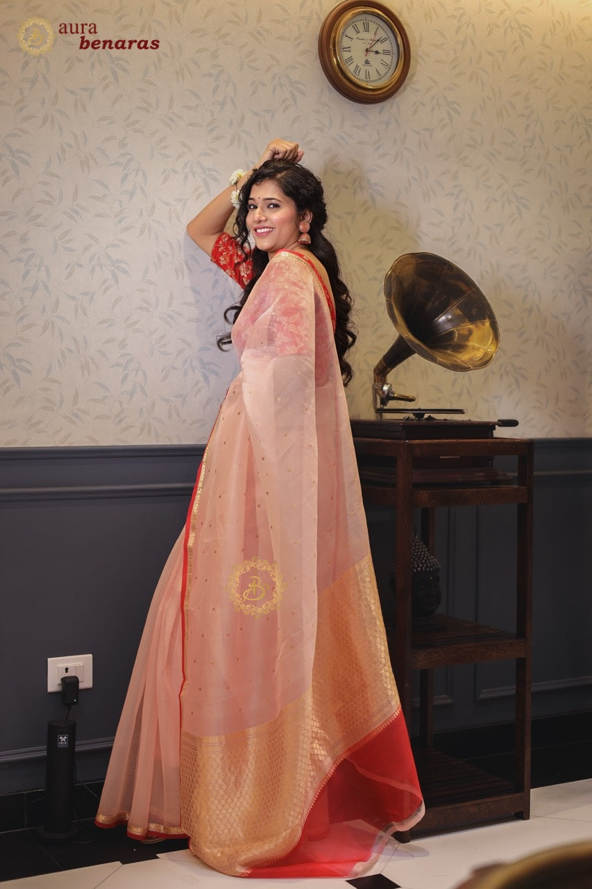 Pale Peach Kora Silk Banarasi Saree with Zari Butis 